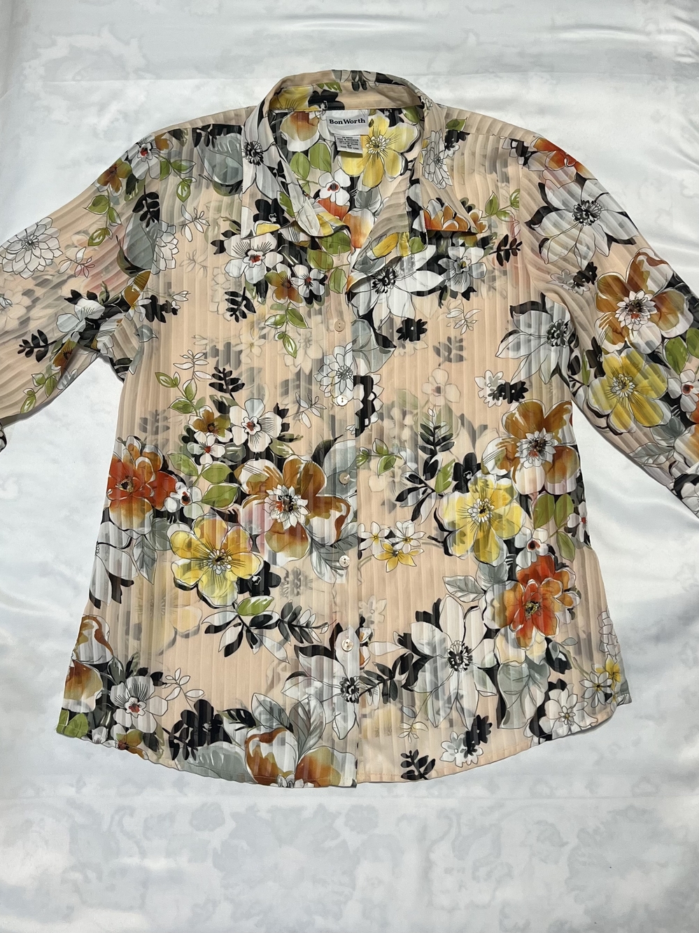 Bon Worth Floral Pleated Button Up Blouse Peach Yellow Orange‎ 8P 33245